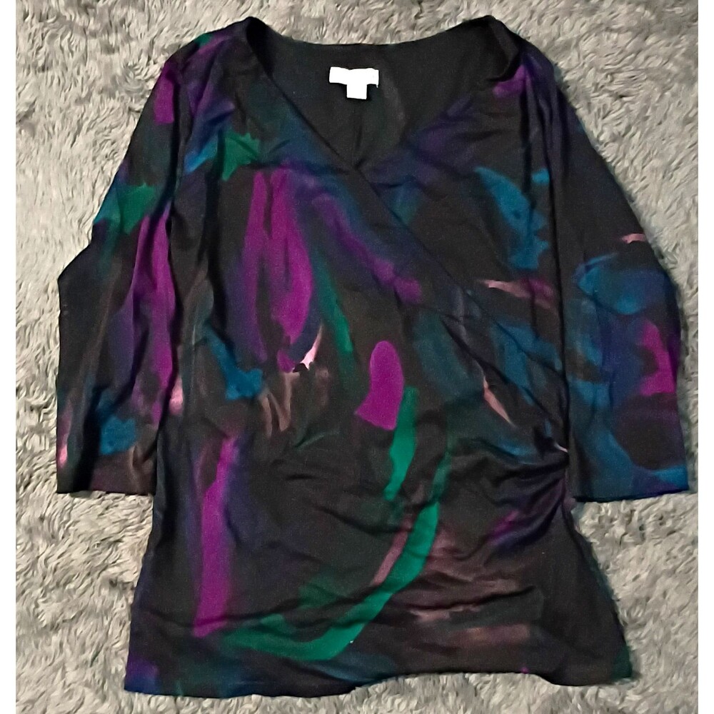 Coldwater Creek Black Abstract V-Neck Pullover Top 3/4 Sleeve 2XL